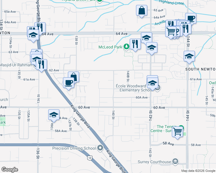 map of restaurants, bars, coffee shops, grocery stores, and more near 13969 61 Avenue in Surrey