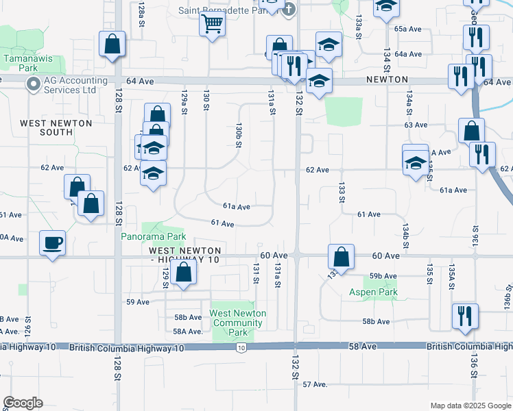 map of restaurants, bars, coffee shops, grocery stores, and more near 131 Street in Surrey