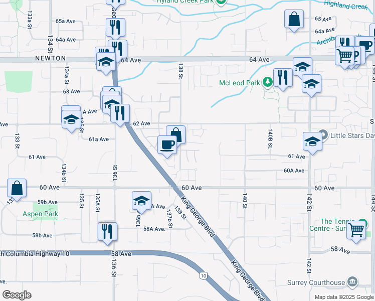 map of restaurants, bars, coffee shops, grocery stores, and more near 2 138 Street in Surrey