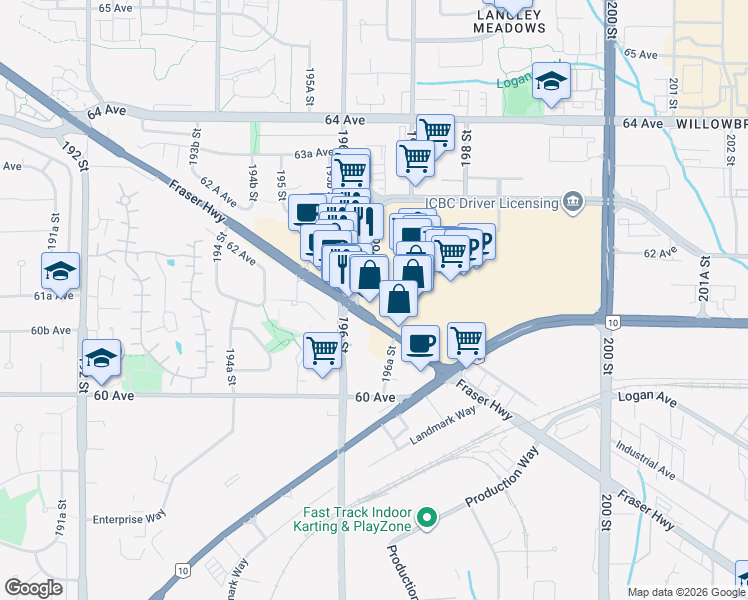 map of restaurants, bars, coffee shops, grocery stores, and more near 19609 Willowbrook Drive in Langley City