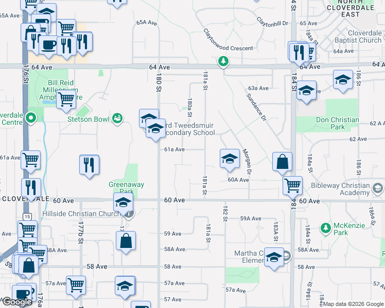 map of restaurants, bars, coffee shops, grocery stores, and more near 18096 61A Avenue in Surrey