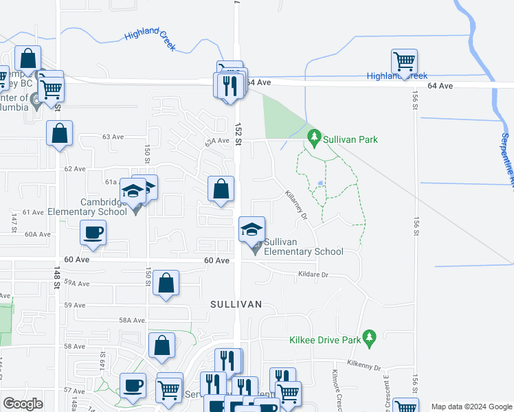 map of restaurants, bars, coffee shops, grocery stores, and more near 6166 152A Street in Surrey