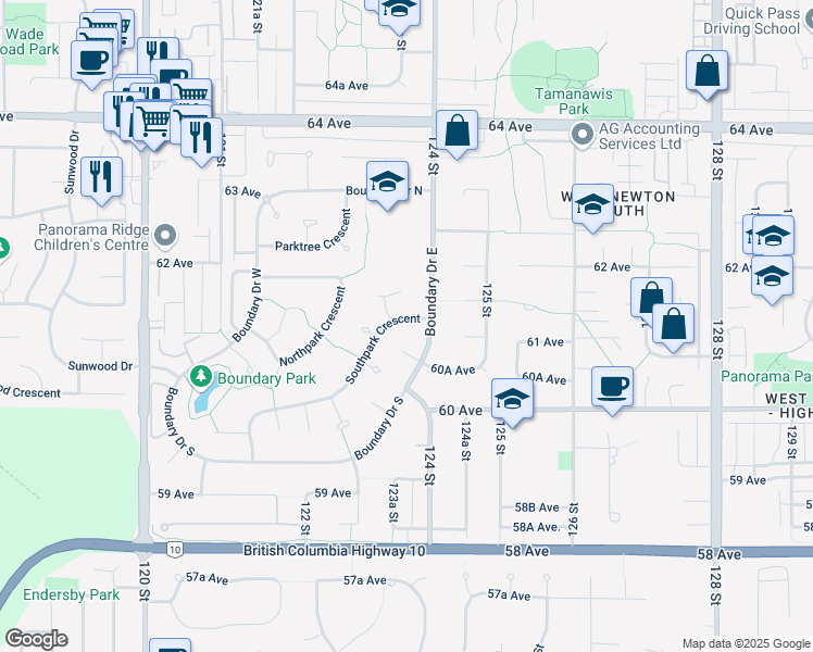 map of restaurants, bars, coffee shops, grocery stores, and more near 12388 Southpark Crescent in Surrey