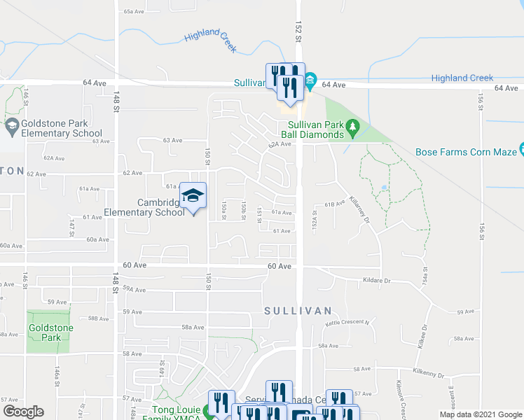 map of restaurants, bars, coffee shops, grocery stores, and more near 15139 61A Avenue in Surrey
