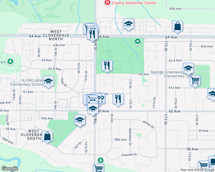map of restaurants, bars, coffee shops, grocery stores, and more near 16878 61A Avenue in Surrey