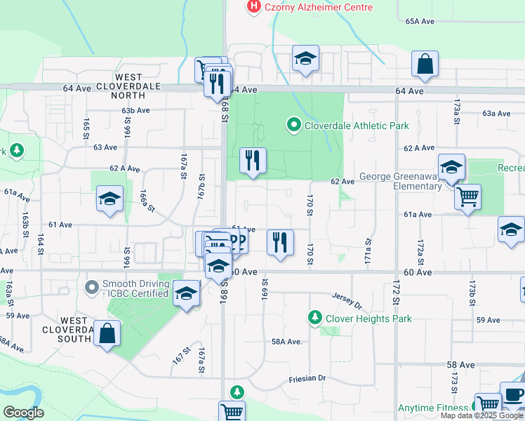 map of restaurants, bars, coffee shops, grocery stores, and more near 16898 61A Avenue in Surrey
