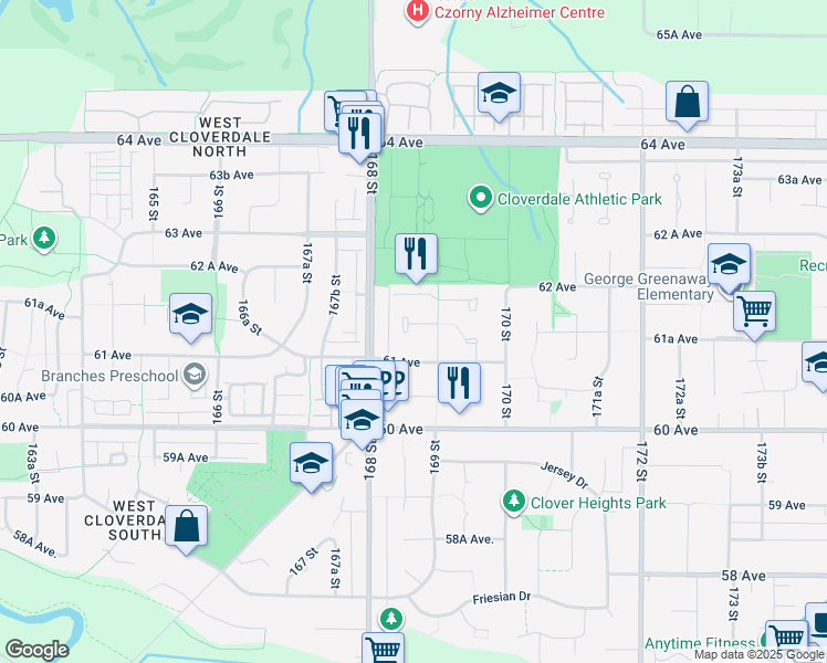 map of restaurants, bars, coffee shops, grocery stores, and more near 16868 61A Avenue in Surrey