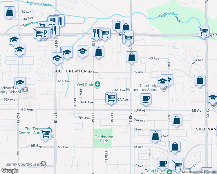 map of restaurants, bars, coffee shops, grocery stores, and more near 14683 61 Avenue in Surrey