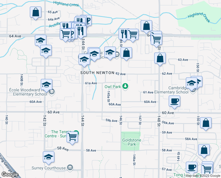 map of restaurants, bars, coffee shops, grocery stores, and more near 14557 61 Avenue in Surrey