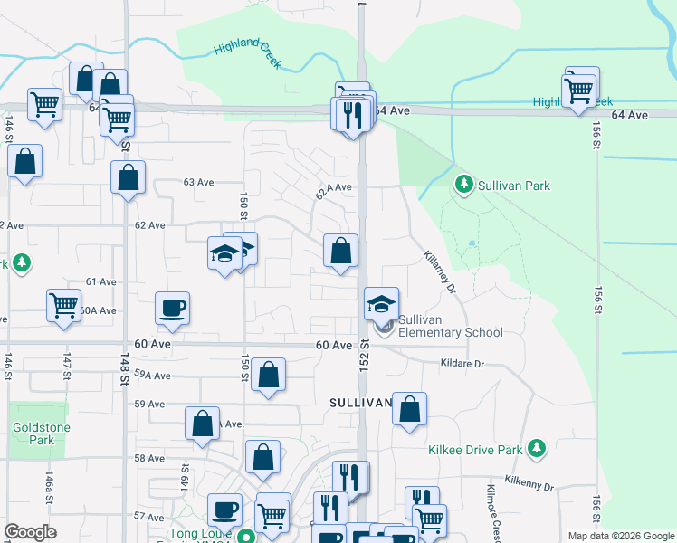 map of restaurants, bars, coffee shops, grocery stores, and more near 15163 61A Avenue in Surrey