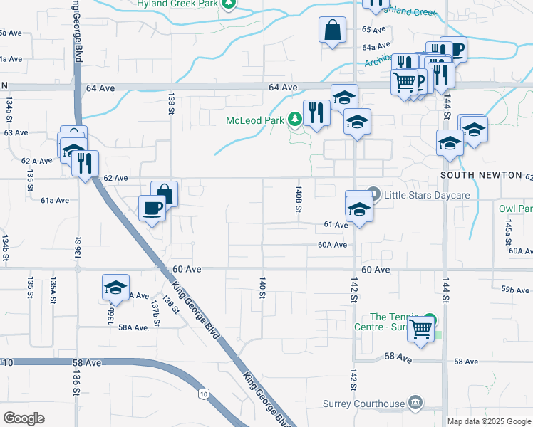map of restaurants, bars, coffee shops, grocery stores, and more near 6116 140 Street in Surrey