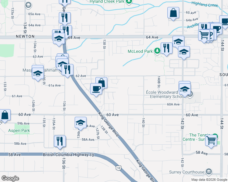 map of restaurants, bars, coffee shops, grocery stores, and more near 6110 138 Street in Surrey