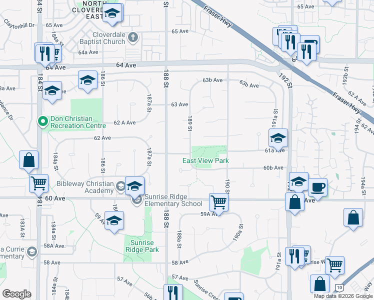 map of restaurants, bars, coffee shops, grocery stores, and more near 6167 189 Street in Surrey