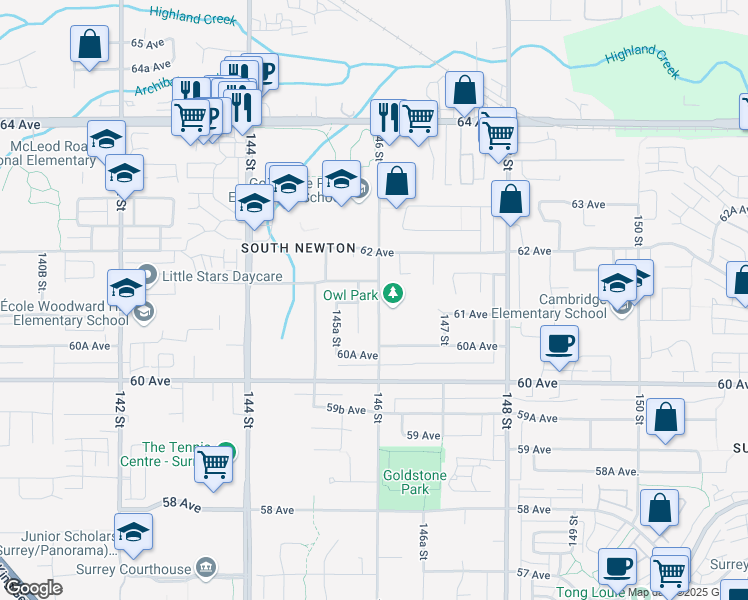 map of restaurants, bars, coffee shops, grocery stores, and more near 6125 146 Street in Surrey
