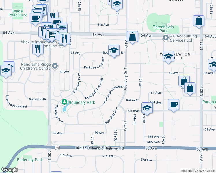 map of restaurants, bars, coffee shops, grocery stores, and more near 6124 Parkside Close in Surrey