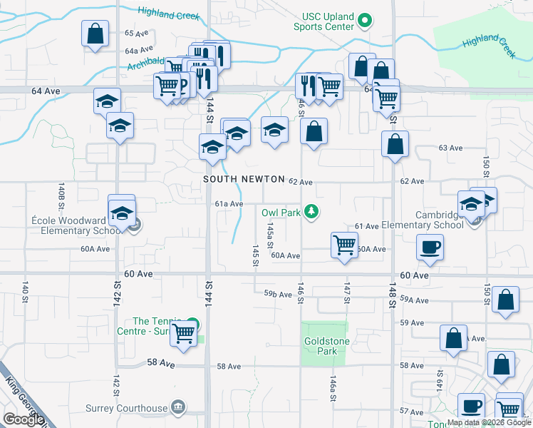 map of restaurants, bars, coffee shops, grocery stores, and more near 14551 61 Avenue in Surrey