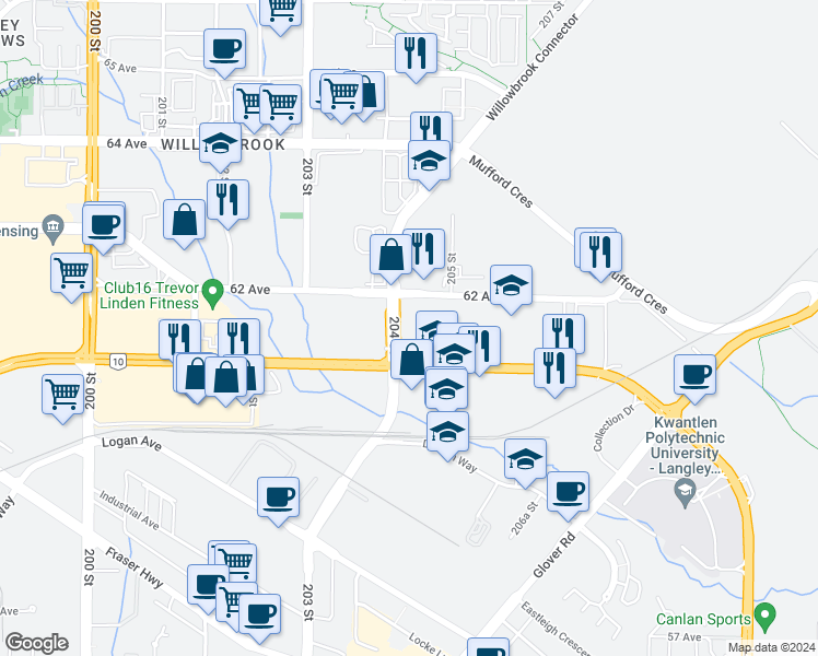 map of restaurants, bars, coffee shops, grocery stores, and more near 20467 Langley Bypass in Langley