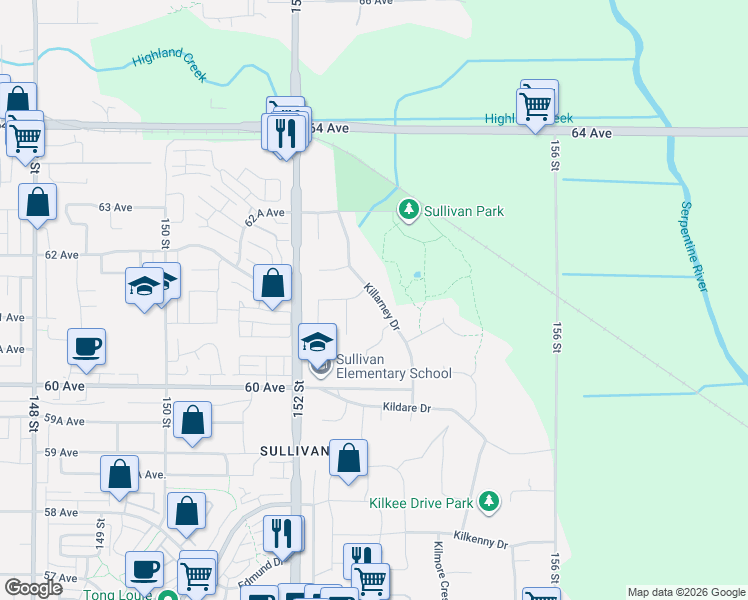 map of restaurants, bars, coffee shops, grocery stores, and more near 6143 Killarney Drive in Surrey