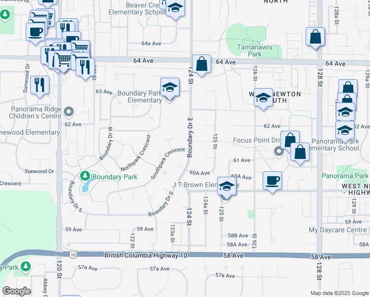 map of restaurants, bars, coffee shops, grocery stores, and more near 6109 Boundary Drive East in Surrey