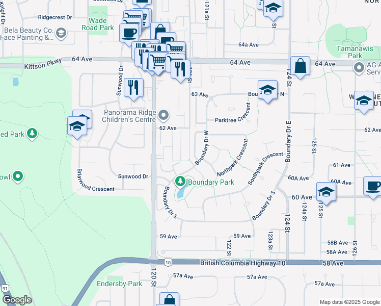 map of restaurants, bars, coffee shops, grocery stores, and more near 103 121 Street in Surrey