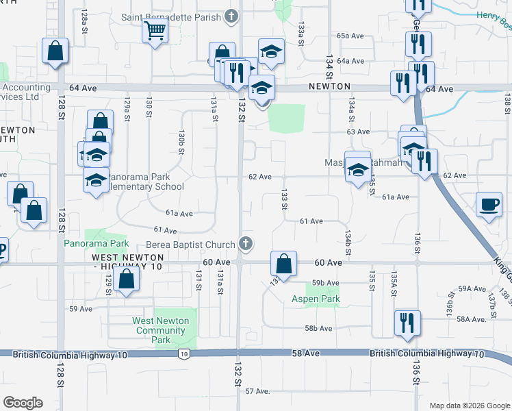 map of restaurants, bars, coffee shops, grocery stores, and more near 6125 132A Street in Surrey