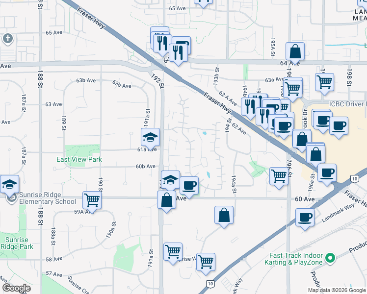 map of restaurants, bars, coffee shops, grocery stores, and more near 6153 Greenside Drive West in Surrey