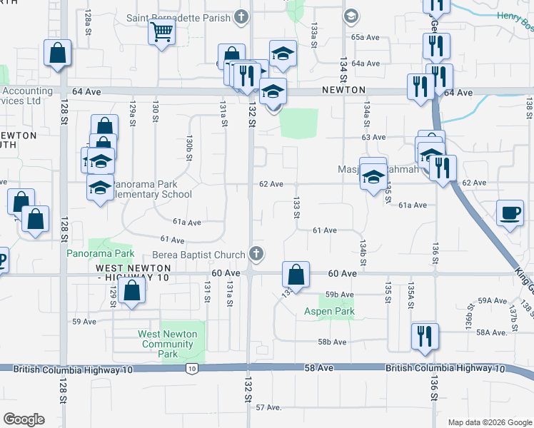 map of restaurants, bars, coffee shops, grocery stores, and more near 6125 132A Street in Surrey
