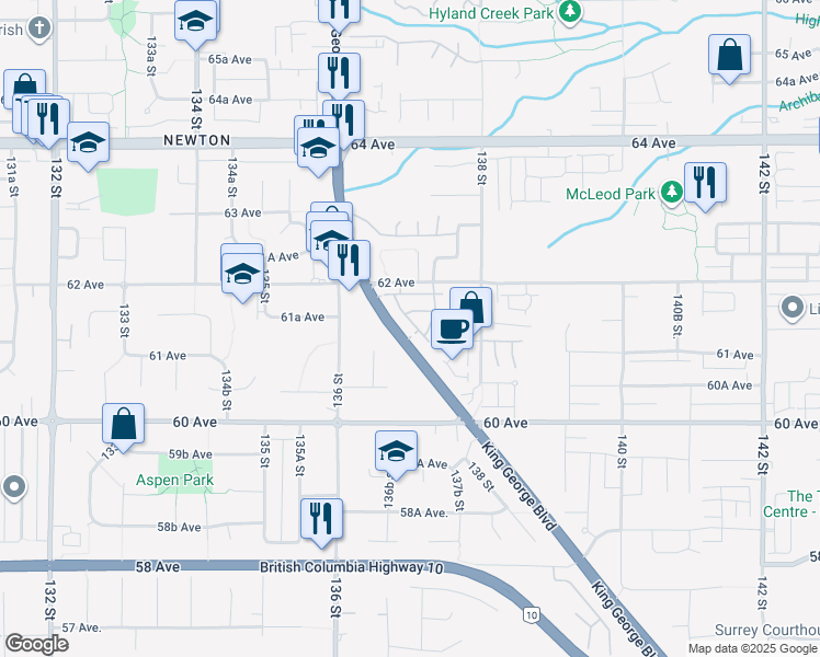 map of restaurants, bars, coffee shops, grocery stores, and more near 13670 62 Avenue in Surrey