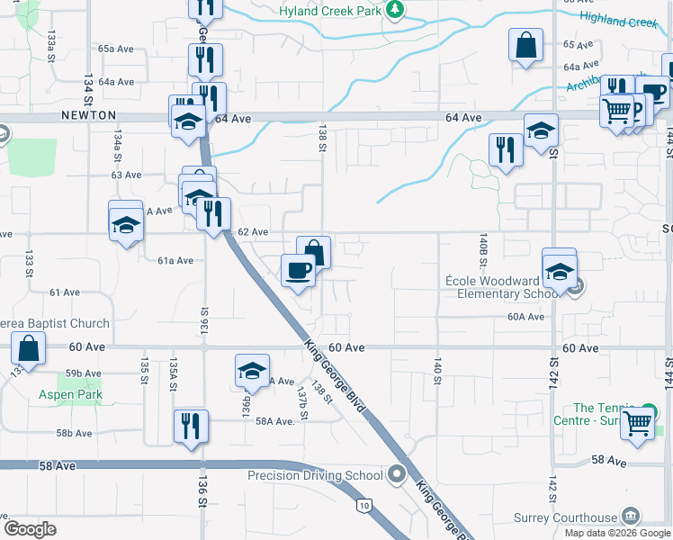 map of restaurants, bars, coffee shops, grocery stores, and more near 6162 138 Street in Surrey