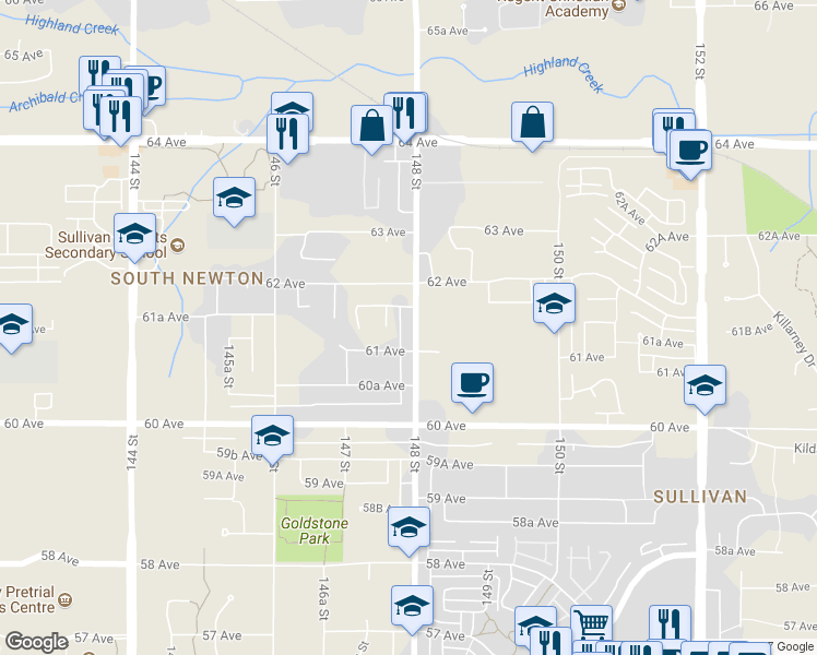 map of restaurants, bars, coffee shops, grocery stores, and more near 6137 148 Street in Surrey