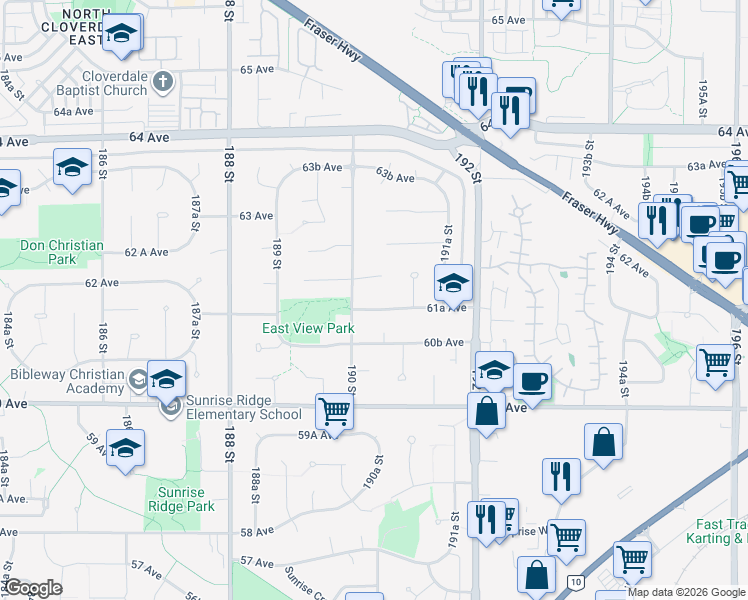 map of restaurants, bars, coffee shops, grocery stores, and more near 19023 61A Avenue in Surrey