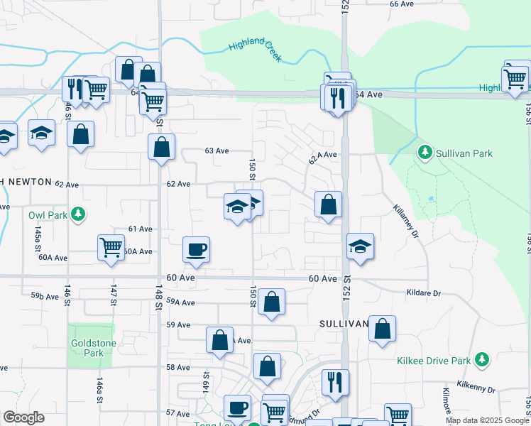 map of restaurants, bars, coffee shops, grocery stores, and more near 6157 150A Street in Surrey