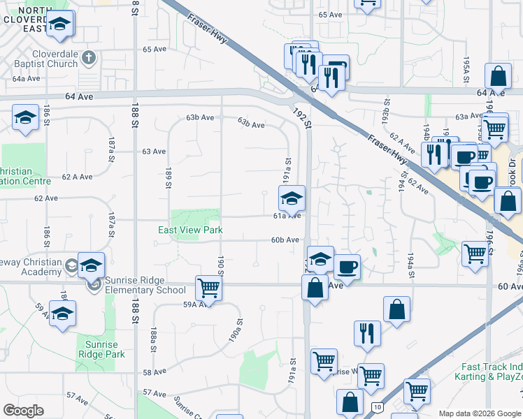 map of restaurants, bars, coffee shops, grocery stores, and more near 19091 61A Avenue in Surrey