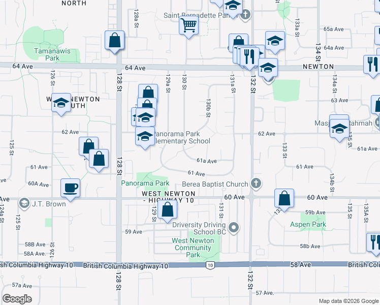 map of restaurants, bars, coffee shops, grocery stores, and more near 13015 61A Avenue in Surrey