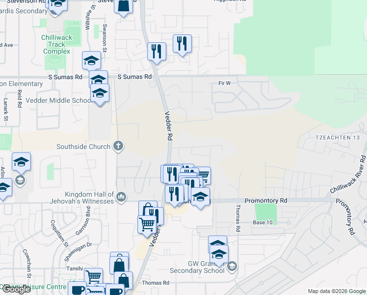 map of restaurants, bars, coffee shops, grocery stores, and more near 6338 Vedder Road in Chilliwack