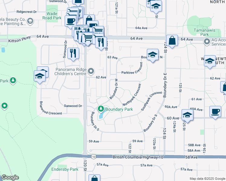 map of restaurants, bars, coffee shops, grocery stores, and more near 6131 Boundary Drive West in Surrey