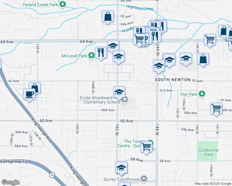 map of restaurants, bars, coffee shops, grocery stores, and more near 6137 142 Street in Surrey