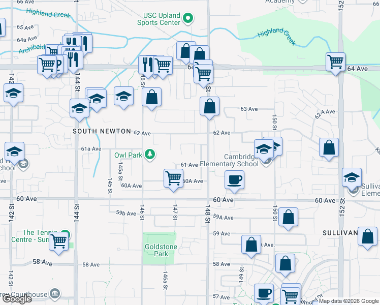 map of restaurants, bars, coffee shops, grocery stores, and more near 6137 147B Street in Surrey