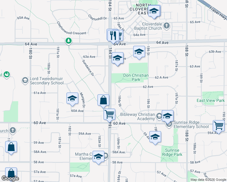map of restaurants, bars, coffee shops, grocery stores, and more near 6172 184 Street in Surrey
