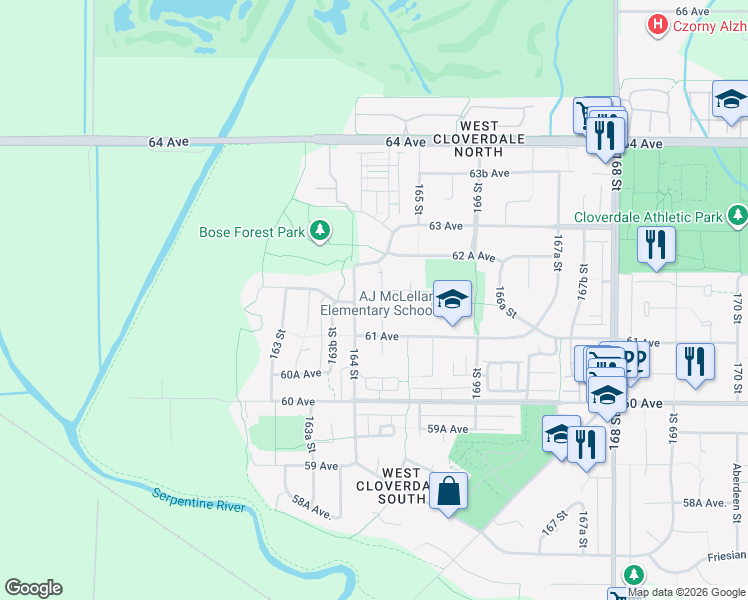 map of restaurants, bars, coffee shops, grocery stores, and more near 6187 164A Street in Surrey