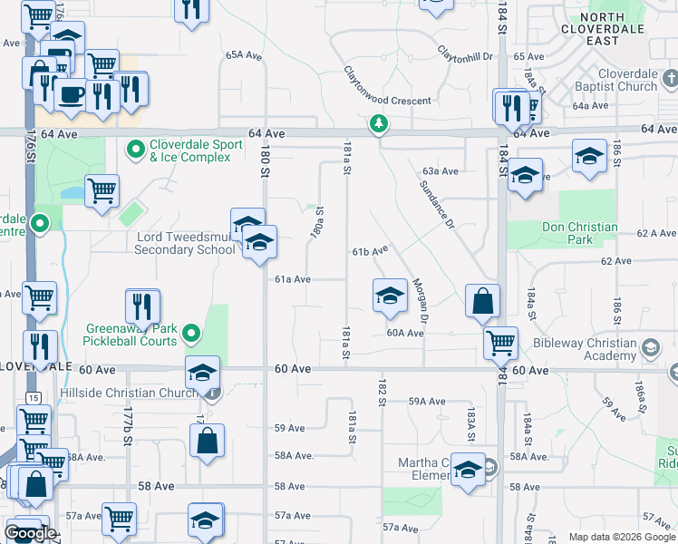 map of restaurants, bars, coffee shops, grocery stores, and more near 6149 181A Street in Surrey