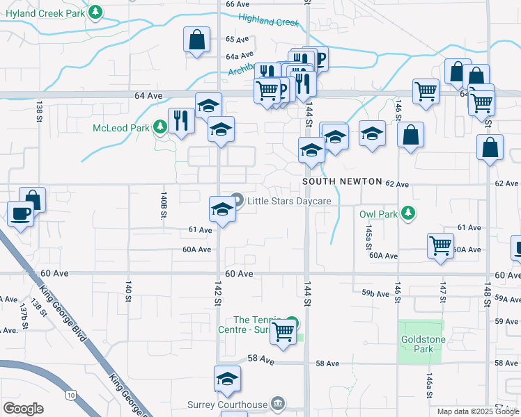 map of restaurants, bars, coffee shops, grocery stores, and more near 6158 143 Street in Surrey