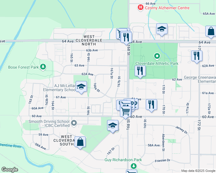 map of restaurants, bars, coffee shops, grocery stores, and more near 6185 167A Street in Surrey
