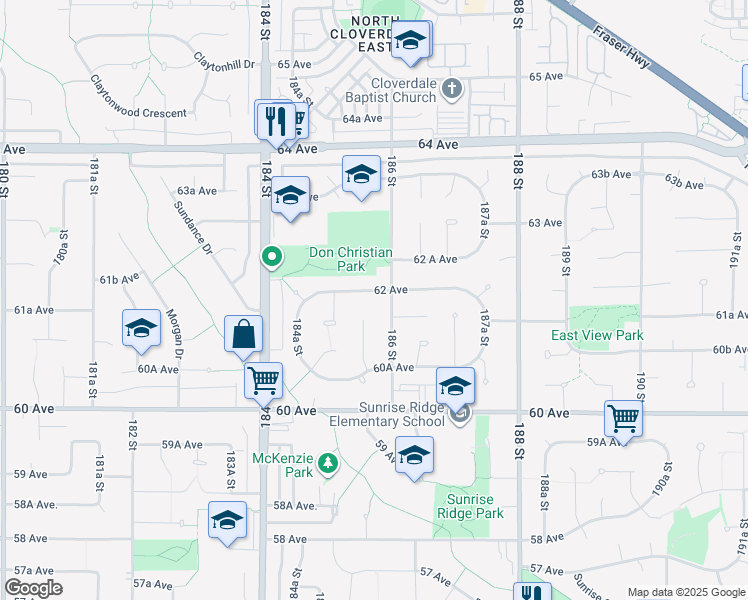 map of restaurants, bars, coffee shops, grocery stores, and more near 18586 62 Avenue in Surrey