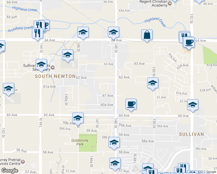 map of restaurants, bars, coffee shops, grocery stores, and more near 6131 147B Street in Surrey