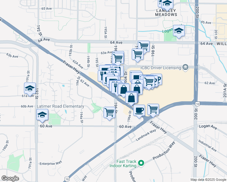 map of restaurants, bars, coffee shops, grocery stores, and more near 19583 Fraser Highway in Surrey