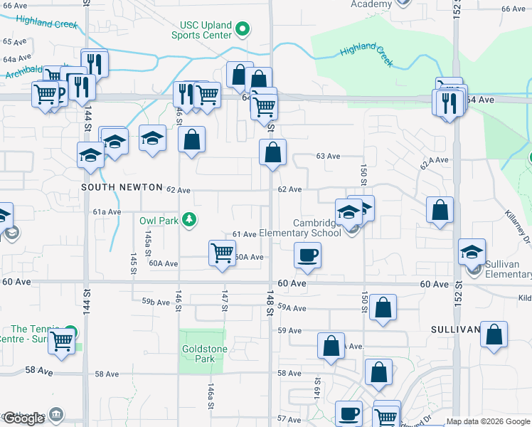 map of restaurants, bars, coffee shops, grocery stores, and more near 6137 148 Street in Surrey