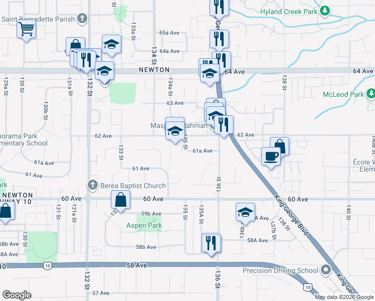 map of restaurants, bars, coffee shops, grocery stores, and more near 61A Avenue in Surrey