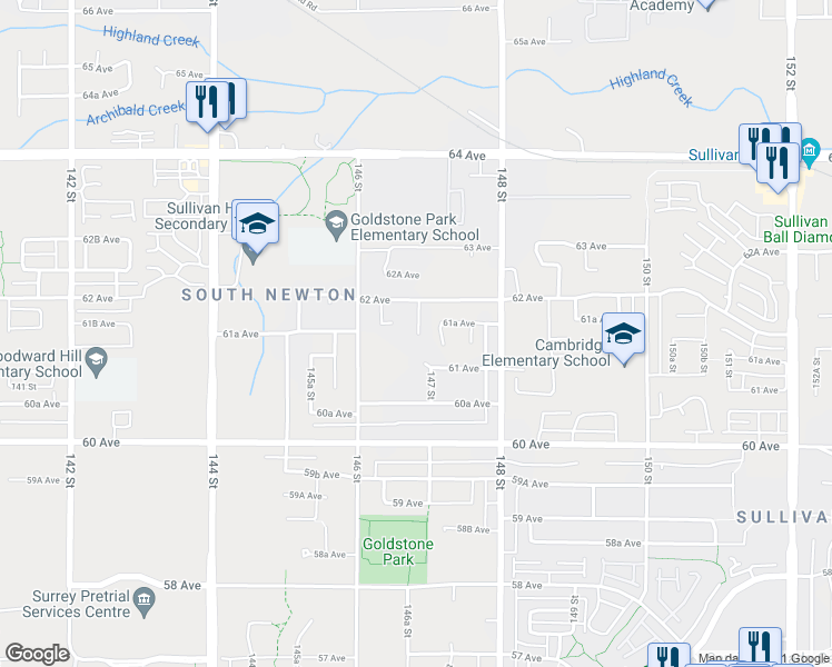 map of restaurants, bars, coffee shops, grocery stores, and more near 6147 147 Street in Surrey