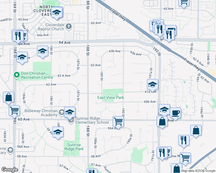 map of restaurants, bars, coffee shops, grocery stores, and more near 18927 62 Avenue in Surrey